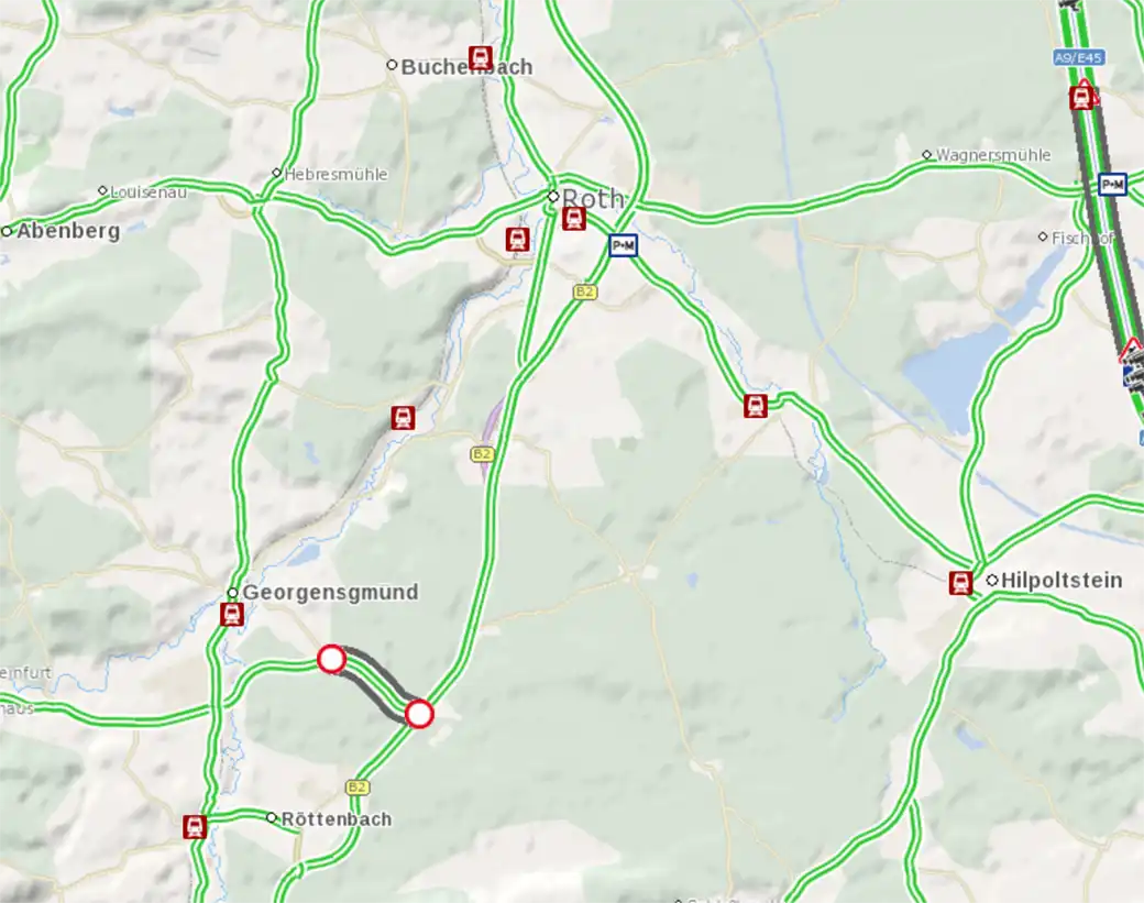 Karte der Straßen um Roth, Deutschland; Verkehrsfluss und Verzögerungen bei Georgensgmünd.