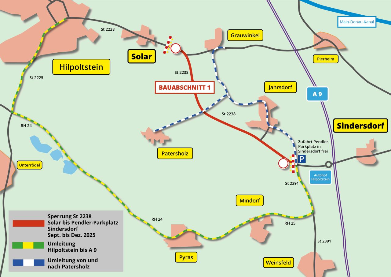 Straßensperrungen bei Hilpoltstein, Jahrsdorf Aug-Dez 2025; Umleitungen grün markiert.