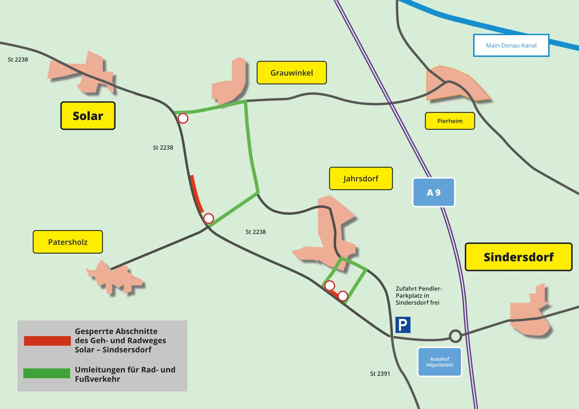 Radweg Solar 4-2026 B-2 Karte: Zwei Bauabschnitte Hilpoltstein-Sindersdorf; Bezeichnungen: Solar, Grau Winkel, Jahnsdorf, Patersholz.